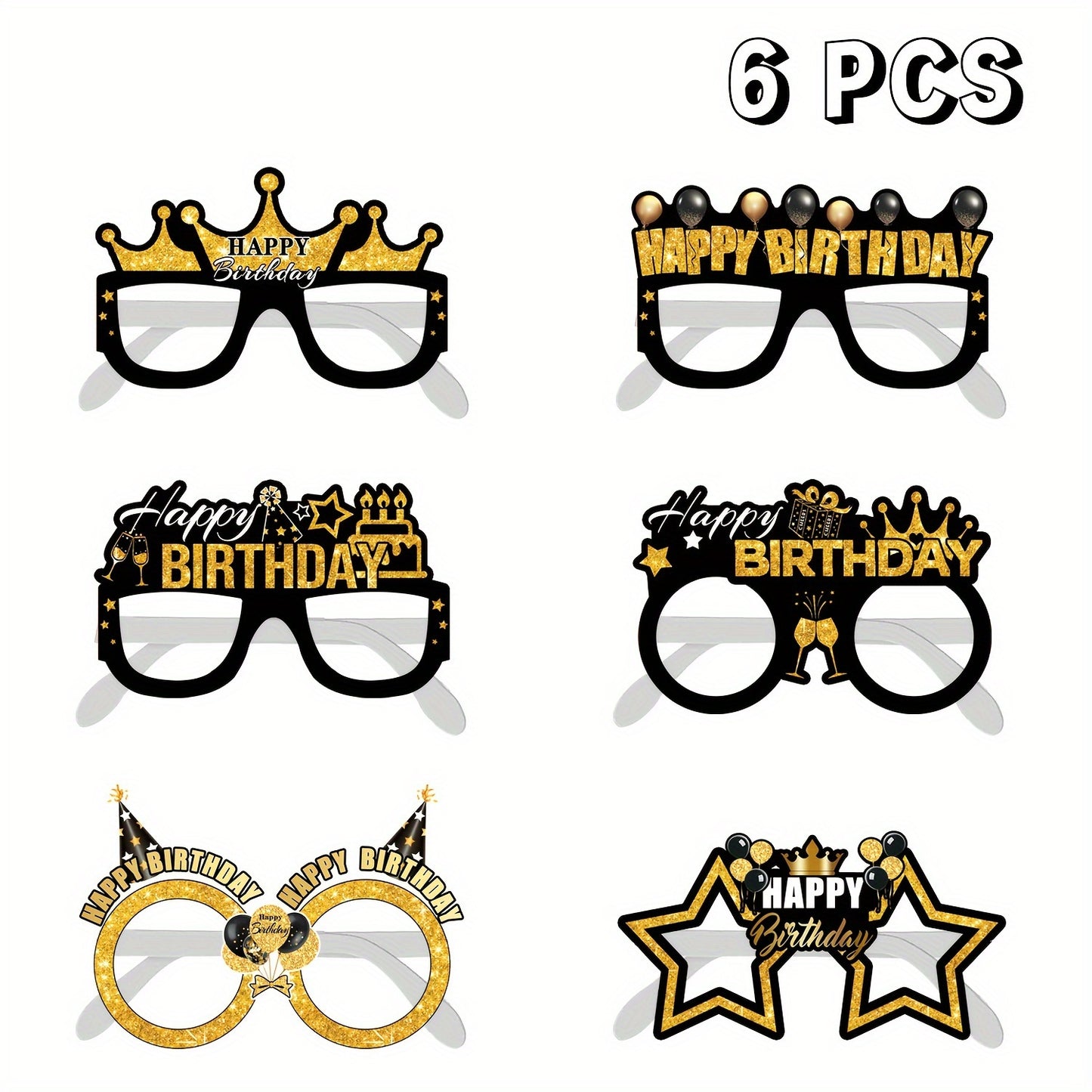 6pcs Happy Birthday Glasses - Golden & Black Novelty Eyewear Party Photo Props with Crown & Balloons Design, Perfect for Birthday Celebrations & Photo Booths, Birthday Accessories | Celebratory Eyewear | Durable Paper Props,