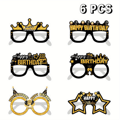 6pcs Happy Birthday Glasses - Golden & Black Novelty Eyewear Party Photo Props with Crown & Balloons Design, Perfect for Birthday Celebrations & Photo Booths, Birthday Accessories | Celebratory Eyewear | Durable Paper Props,