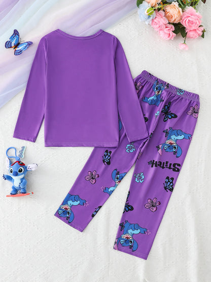 Little 's Fireproof Disney Stitch Long-Sleeve T-Shirt + Random Print Stitch Butterfly Pants Set - Soft, Comfortable Casual Loungewear for Autumn/Winter Holidays, Holiday Pajamas, Home Comfort Wear, Playful Fashion, Soft Fabri