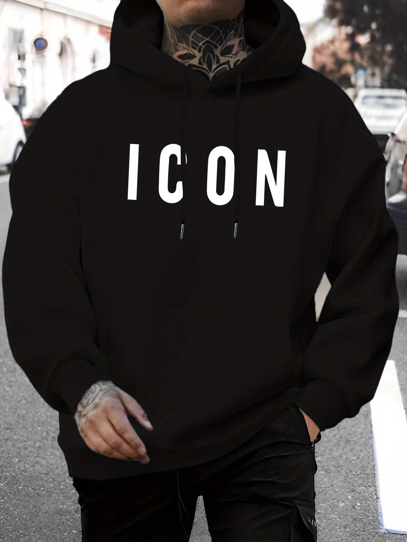Men'S Casual Hoodie with Iconic Print - Stylish Pullover with Kangaroo Pocket, Stretch Fabric, Machine Washable - Perfect for Spring & Fall, Polyester Blend, Casual Wear Hoodie|Hooded Sweatshirt|Stretch Fabric Hoodie