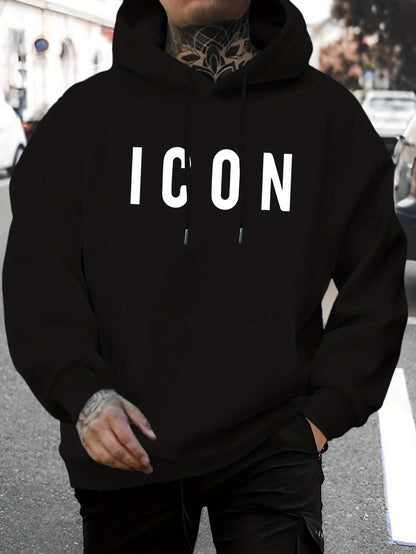 Men'S Casual Hoodie with Iconic Print - Stylish Pullover with Kangaroo Pocket, Stretch Fabric, Machine Washable - Perfect for Spring & Fall, Polyester Blend, Casual Wear Hoodie|Hooded Sweatshirt|Stretch Fabric Hoodie