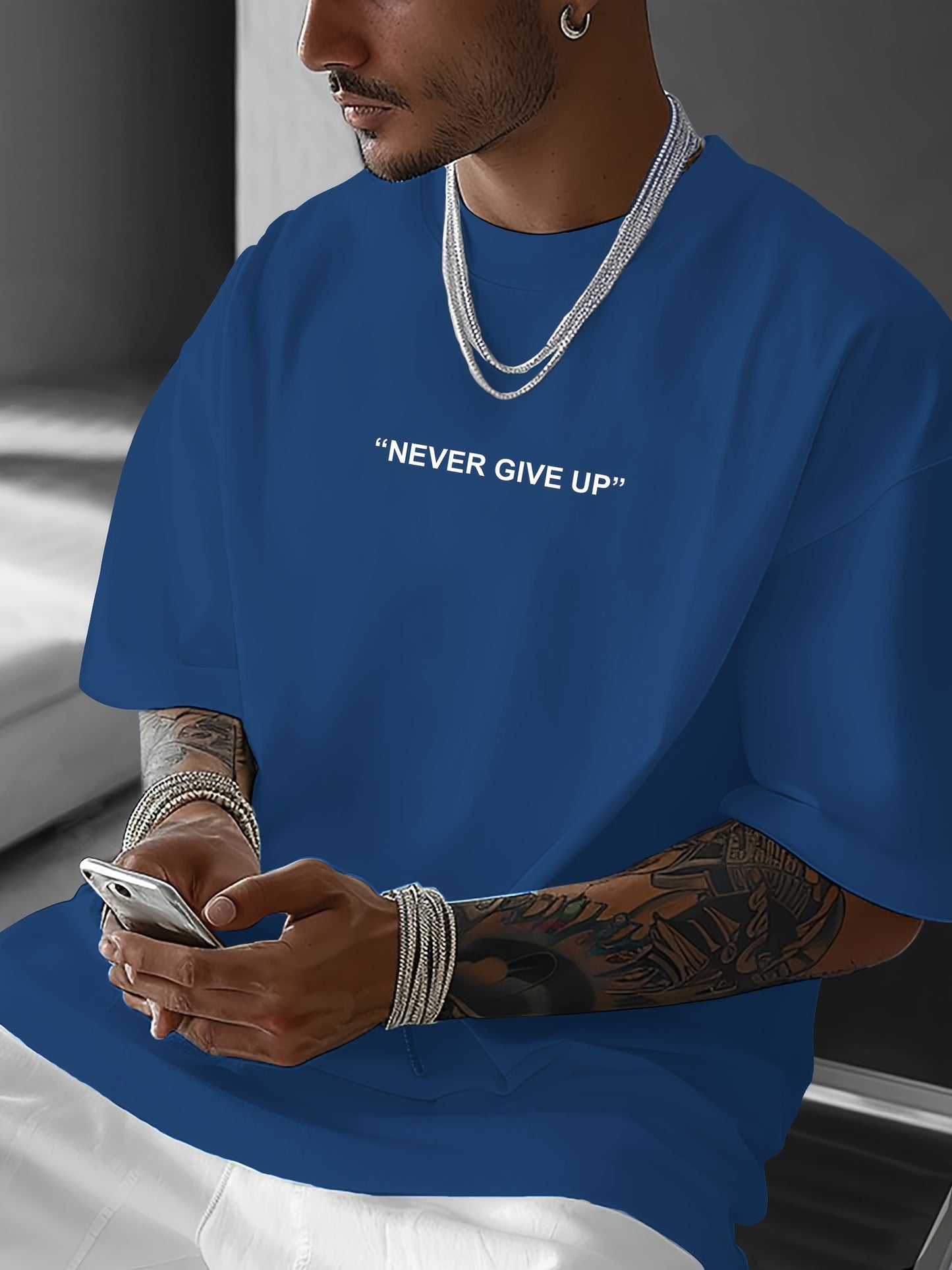 Men's "Never Give Up" Graphic Print Casual T-Shirt - Comfortable Crew Neck, Short Sleeve, Loose Fit for Spring & Summer, White Polyester Tee for Casual Attire, Casual Summer Wear | Loose Fit Top | Smooth Texture