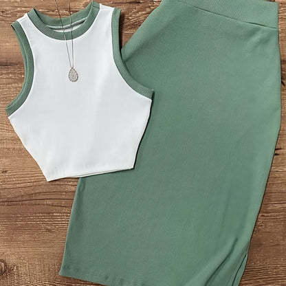 Women'S Sleeveless Top & Skirt Set - Casual, Solid Color, Round Neck, Polyester, Spring/Fall Fashion, Casual Attire|Sleeveless Top|Polyester Fabric