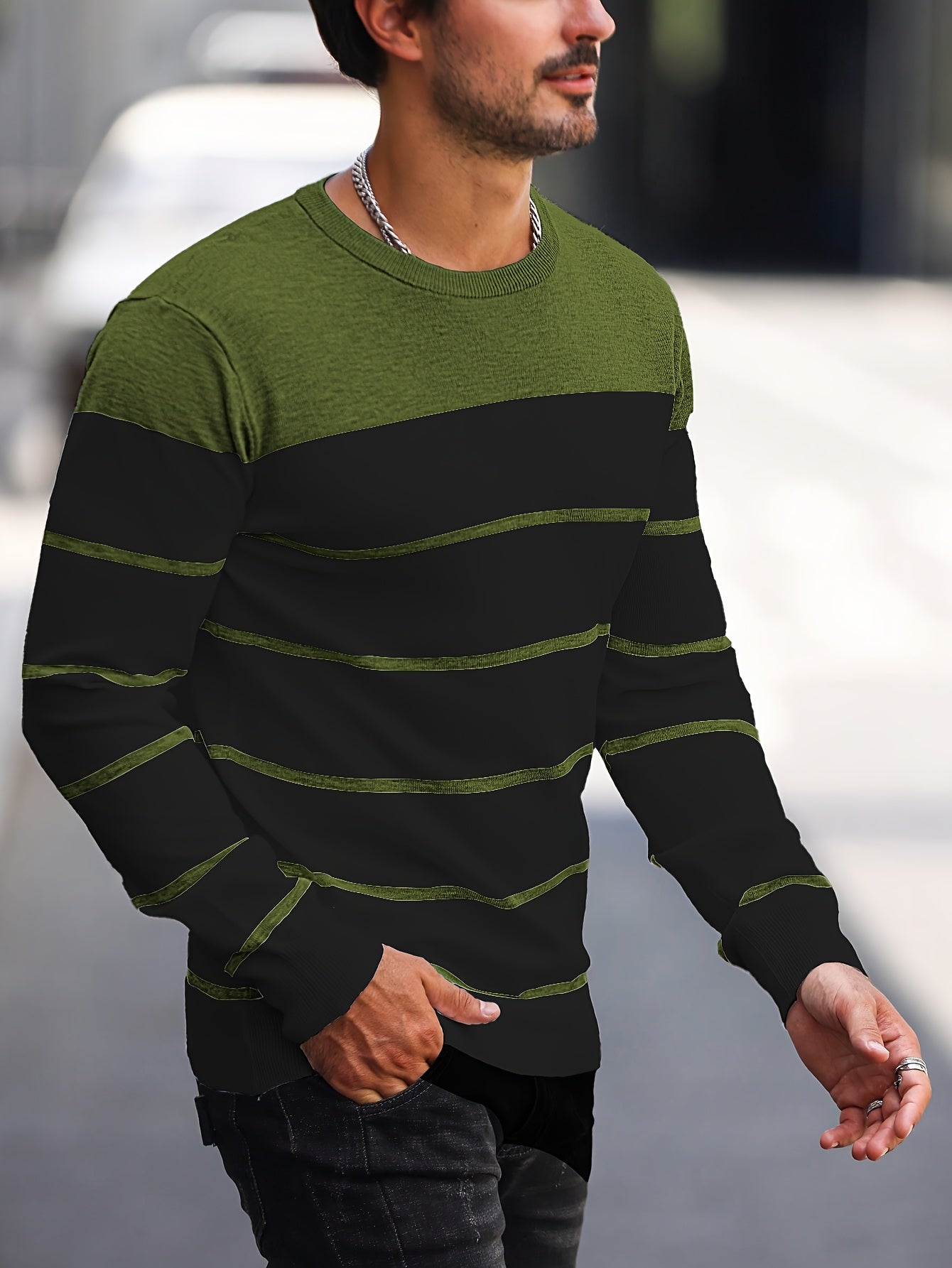 Men's Casual Striped Knit Pullover Sweater - Navy & White Contrast, Regular Fit H-Silhouette, Long Sleeve Crew Neck, Medium Stretch, Machine Washable for Spring & Fall, Mediumstretch Fabric