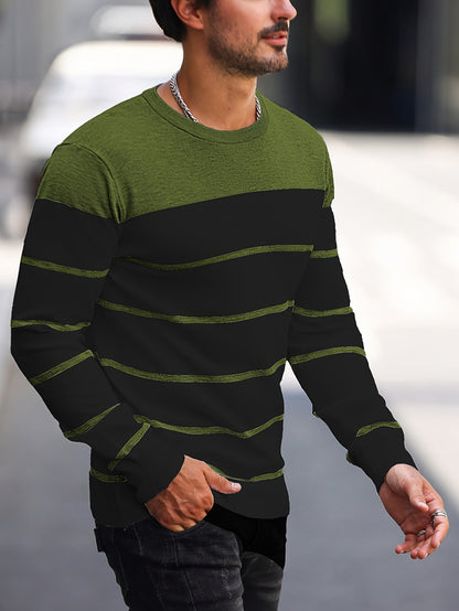 Men's Casual Striped Knit Pullover Sweater - Navy & White Contrast, Regular Fit H-Silhouette, Long Sleeve Crew Neck, Medium Stretch, Machine Washable for Spring & Fall, Mediumstretch Fabric