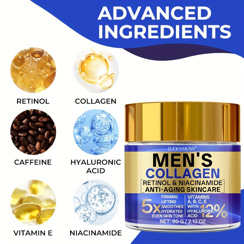 60g LUCKY MUSN Men's Retinol Collagen Moisturizing Cream with Hyaluronic Acid, Caffeine, Vitamin C & E - Firming & Lifting Skincare, 5X Smoothing, 5.5X Firming, 12% Brightening, Easy-Absorb Non-Greasy Formula for All Light Be