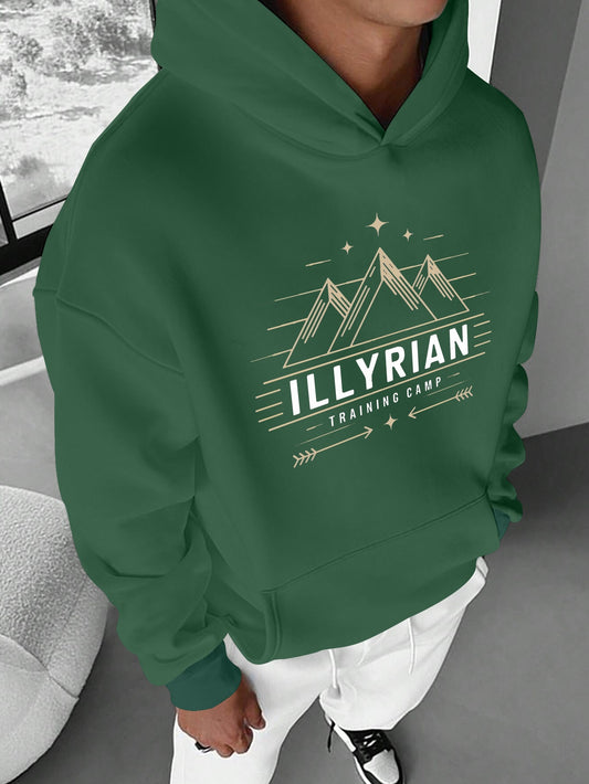 Men's ILLYRIAN TRAINING CAMP Hoodie - Cozy Fleece Sweatshirt with Mountain & Stars Print, Green Casual Pullover for Fall/Winter, Loose Fit, Machine Washable