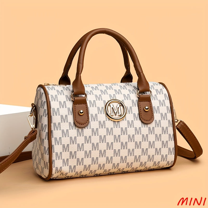 Perfect Lily Women'S Mini Shoulder Bag with Golden "M" Monogram - Elegant Houndstooth Design, Detachable Strap, Lightweight Synthetic Faux Leather Purse for Work, Travel, Parties & Gifts (White/Black/Brown), Small Crossbody B