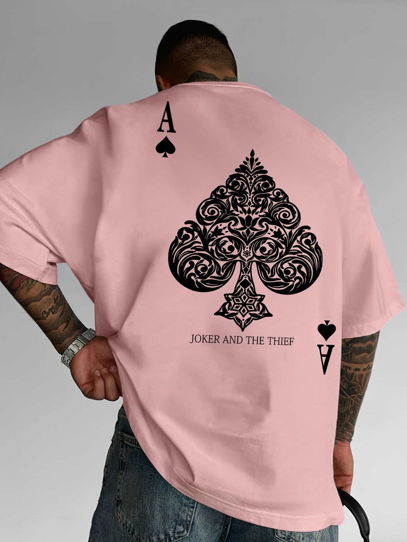Men's Pink Street Style Graphic T-Shirt - Joker and the Thief Design, Loose Fit, Round Neck, Short Sleeve, Geometric Pattern, Machine Washable, Summer Casual Wear for Adults