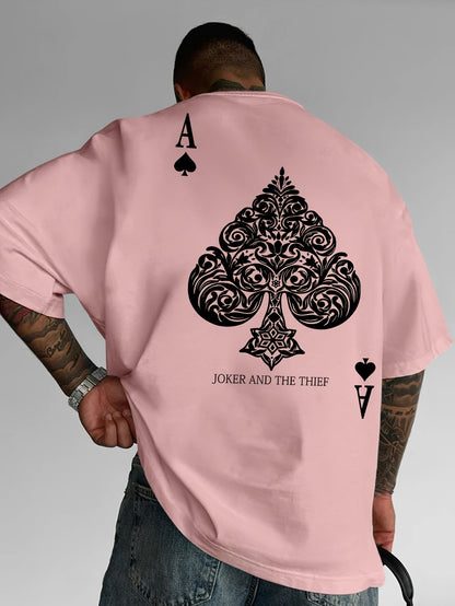 Men's Pink Street Style Graphic T-Shirt - Joker and the Thief Design, Loose Fit, Round Neck, Short Sleeve, Geometric Pattern, Machine Washable, Summer Casual Wear for Adults