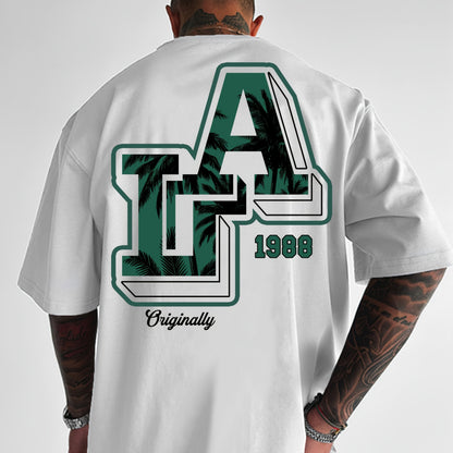 Men'S Casual Y2K LA Graphic T-Shirt - Bold Oversized "LA" Letter Print, Comfortable & Breathable with Slight Stretch, Perfect for Home & Outdoor Activities, Spring/Summer Fashion, Machine Washable, Loose Fit Short Sleeve Crew