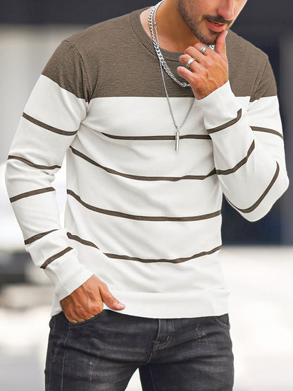 Men's Casual Striped Knit Pullover Sweater - Navy & White Contrast, Regular Fit H-Silhouette, Long Sleeve Crew Neck, Medium Stretch, Machine Washable for Spring & Fall, Mediumstretch Fabric