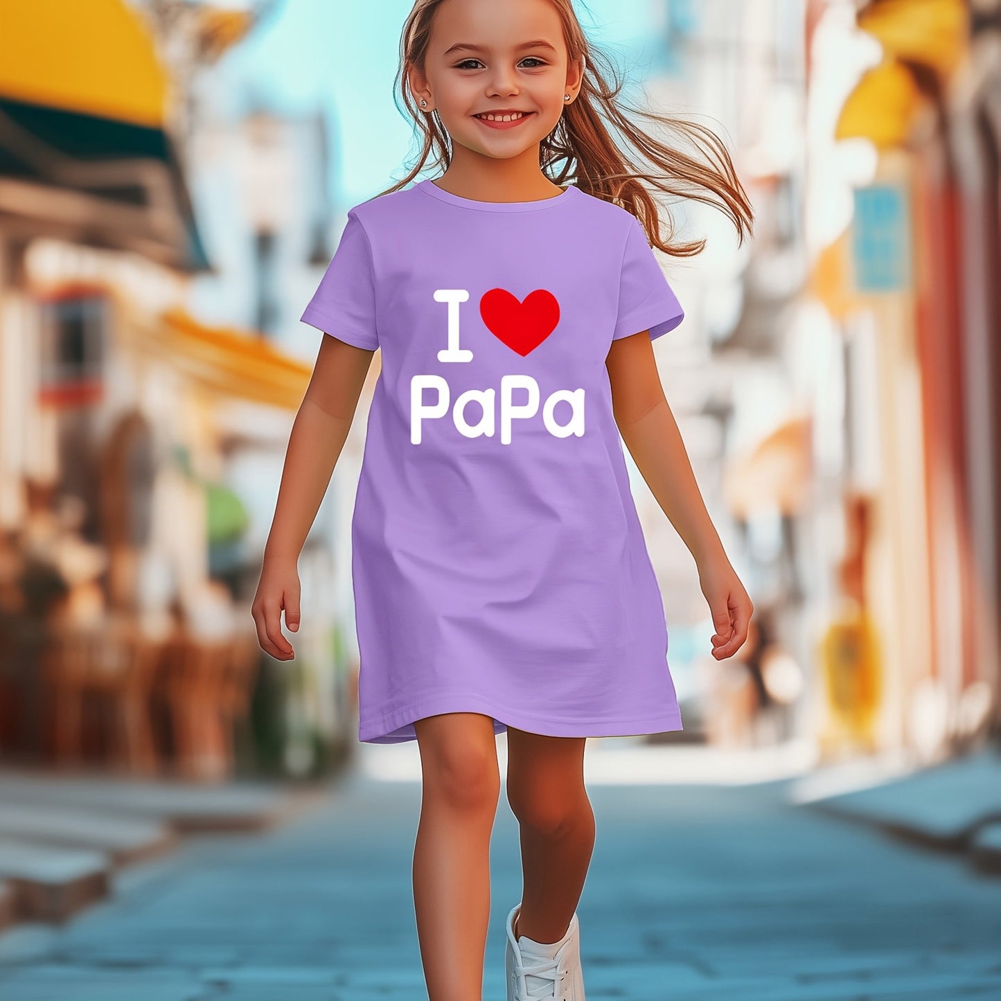 Youngsters' 'I Love Papa' Graphic Dress | Lavender Polyester-Spandex Blend | Breathable & Stretchy Short Sleeve Round Neck | Machine Washable | Casual Summer Outfit for Girls