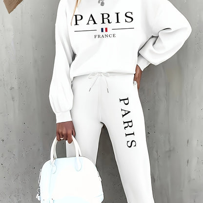 Targeted Autumn and Winter Fashion Print Two-Piece Set, Casual Long-Sleeve Fleece Pullover and Drawstring Jogger Pants Outfit for Women