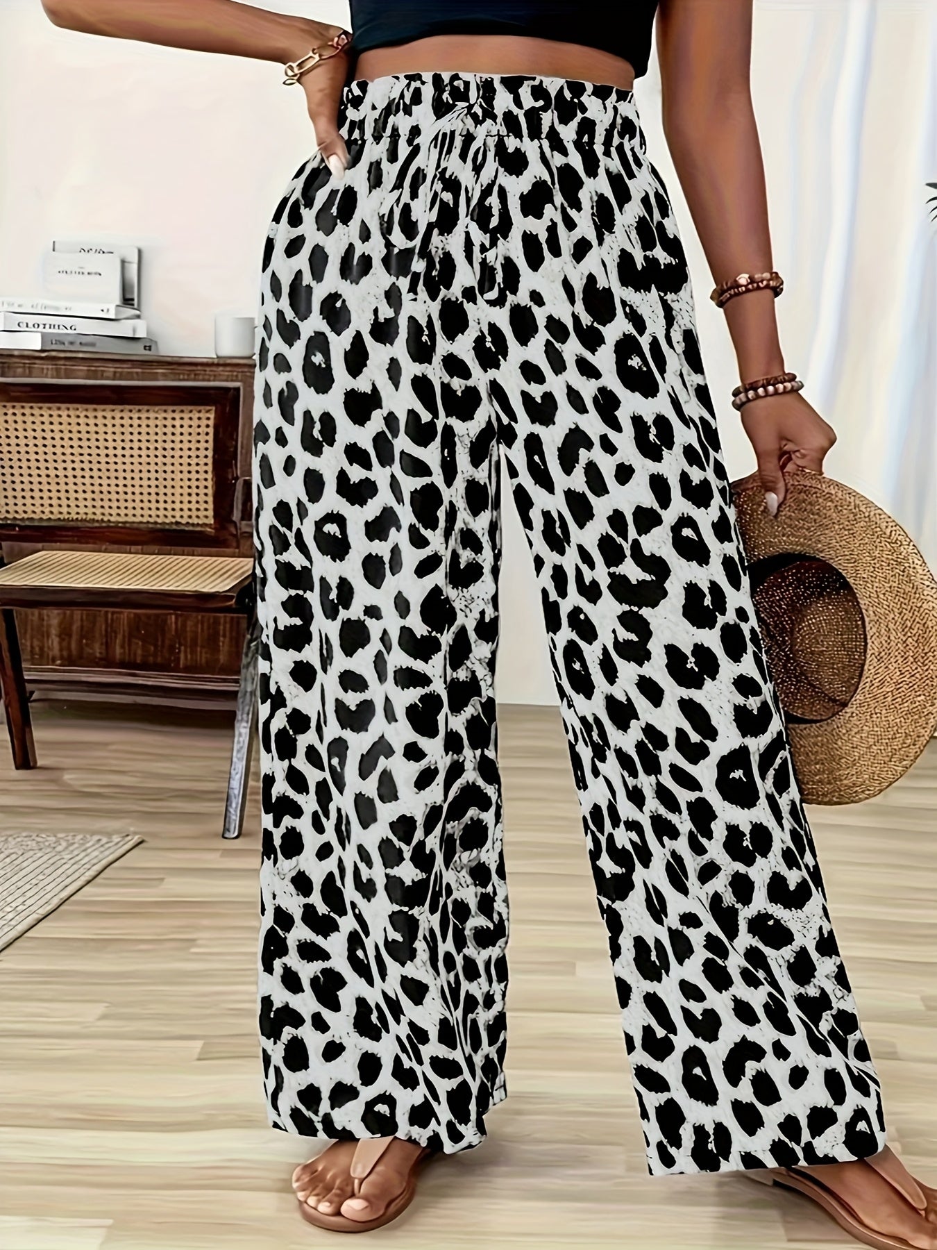 Plus Size, Plus Size Leopard Print French Drawstring Straight Leg Pants