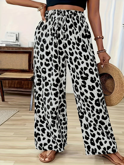 Plus Size, Plus Size Leopard Print French Drawstring Straight Leg Pants