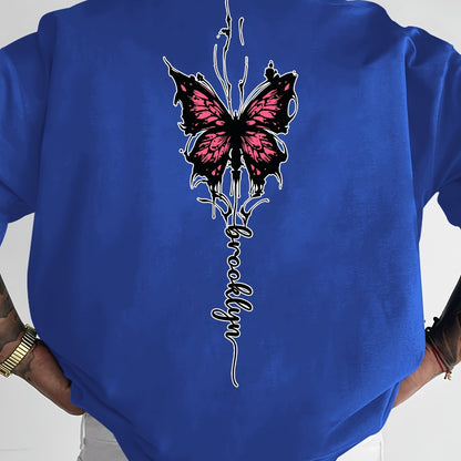 Men's Streetwear Graphic T-Shirt with Pink Butterfly & Brooklyn Letter Print - Loose Fit Casual Summer Tee, Breathable Round Neck Short Sleeve Shirt for Urban Fashion, Casual Attire, Streetstyle Tee, Relaxed Fit Top