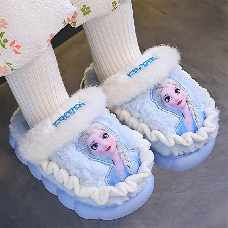 Pair of Frozen Elsa Princess Plush Slippers with Disney Elsa Design, Warm Fleece-Lined Indoor/Outdoor Shoes for Girls - New Autumn/Winter Cute Cartoon Princess Style Printed Fluffy Slippers in Sky Blue and Lilac Colors, Perfe