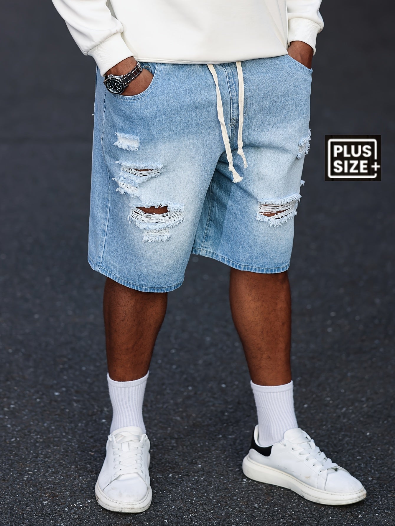 Men's Big & Tall Jeans Shorts - Non-Stretch Heavy-Duty Jeans Fabric, Drawstring Waistband, Loose Fit Casual Pants for Everyday & Formal Outfits - Machine Washable Denim Shorts, Relaxed Style, Distressed Look, Sturdy Construct
