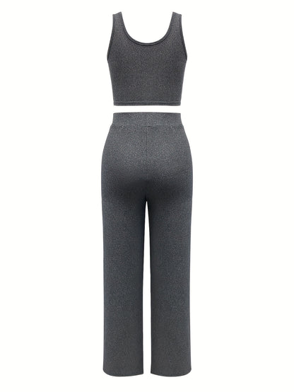 Chic Letter Print Casual Outfit for Women - Sleeveless Crop Top & Drawstring Pants Set, Stretchy Polyester Blend, Machine Washable