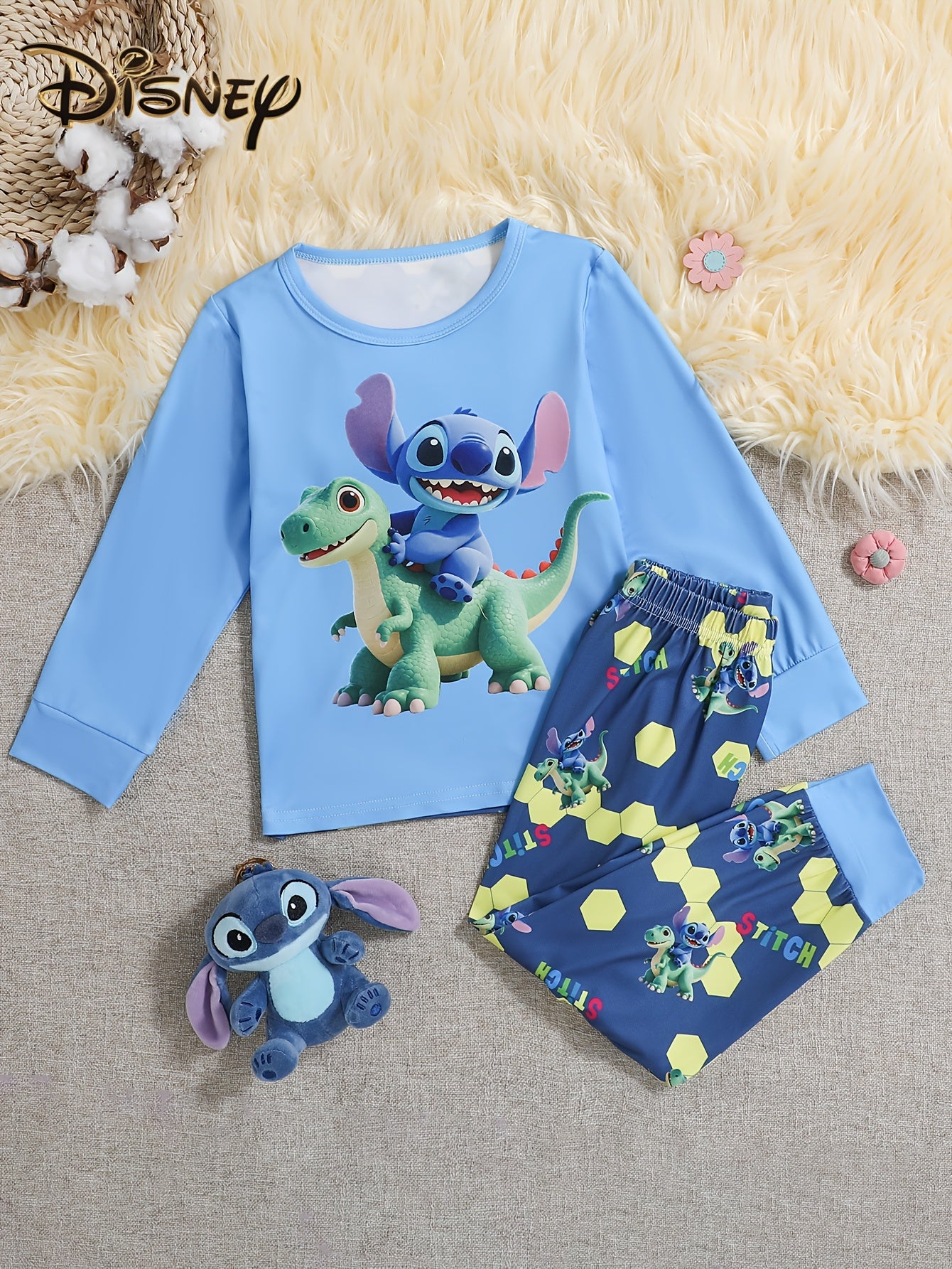 Disney Stitch Print Long Sleeve and Pants Set, Comfortable Flame-Retardant Polyester - Spring/Summer New Stylish Boys' Loungewear - Round Neck, Stretch Fabric, Perfect Birthday Gift, Light Beige-Friendly Kids' Home Outfit