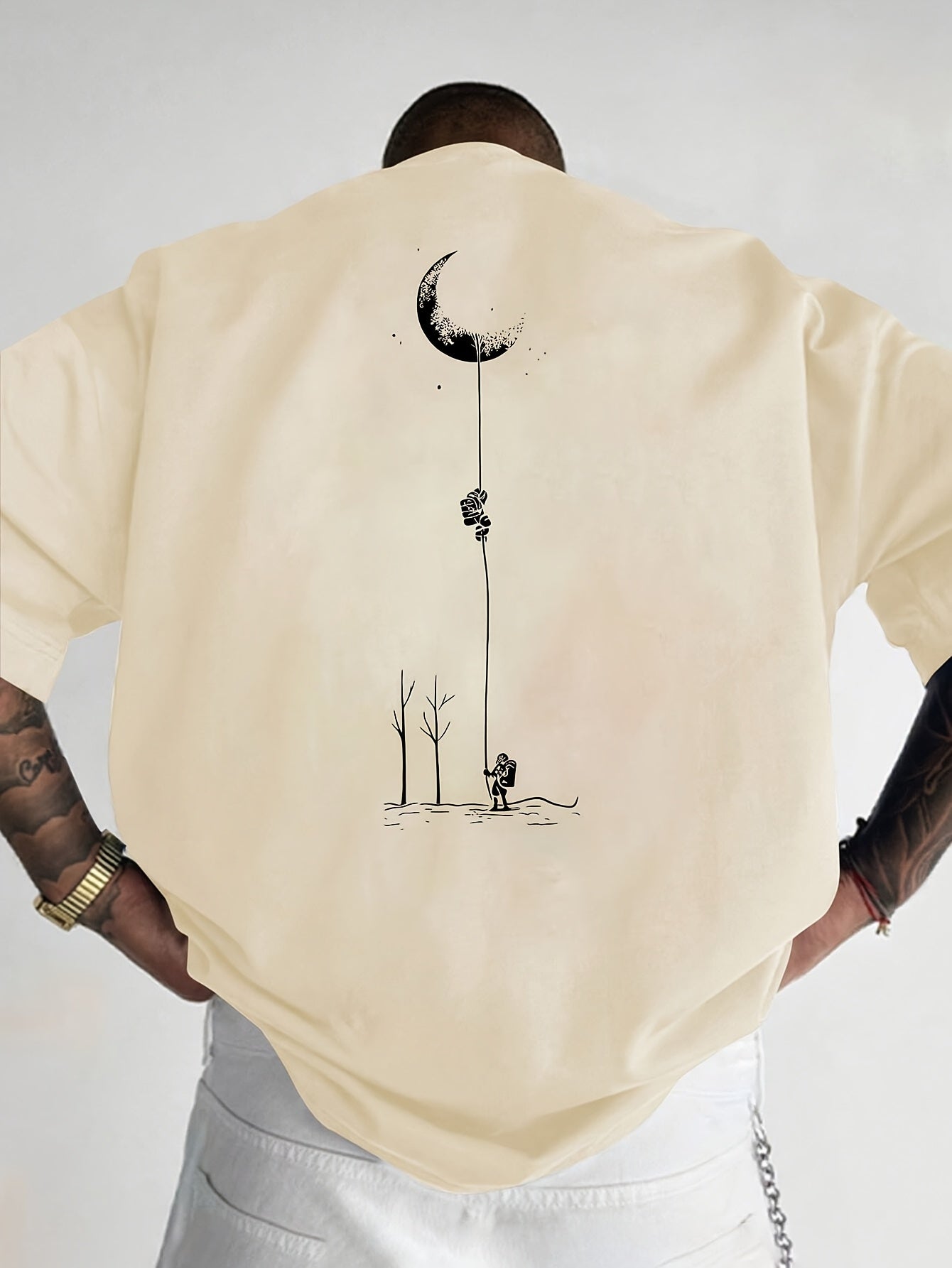 Men's Graphic Print Short Sleeve T-Shirt - Black Relaxed Fit Casual Round Neck, Durable Polyester Fabric, Machine Washable Summer Outdoor Top, Moon And Trees Design | Lightweight Clothing