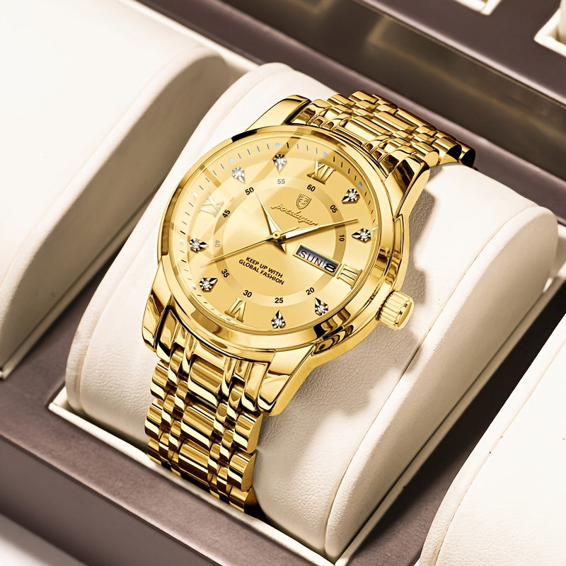 1pc Men's Fashion Stainless Steel Quartz Watch with Date Function, Rhinestone Accents, Luminous Hands, Round Dial - Casual Style, Battery Powered, Water Resistant, Ideal Gift for Birthdays and Anniversaries