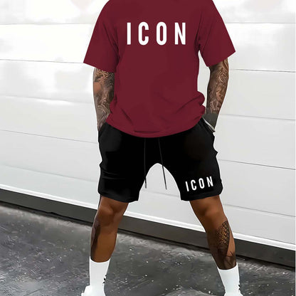 Men'S Casual Sporty Outdoor Two-Piece Set - Summer T-Shirt & Shorts with Bold "ICON" Print, Geometric Pattern, Regular Fit, Crew Neck, Light Blue & Black, Comfortable for Casual Attire, Leisure Clothing | Bold Print Shirt | C