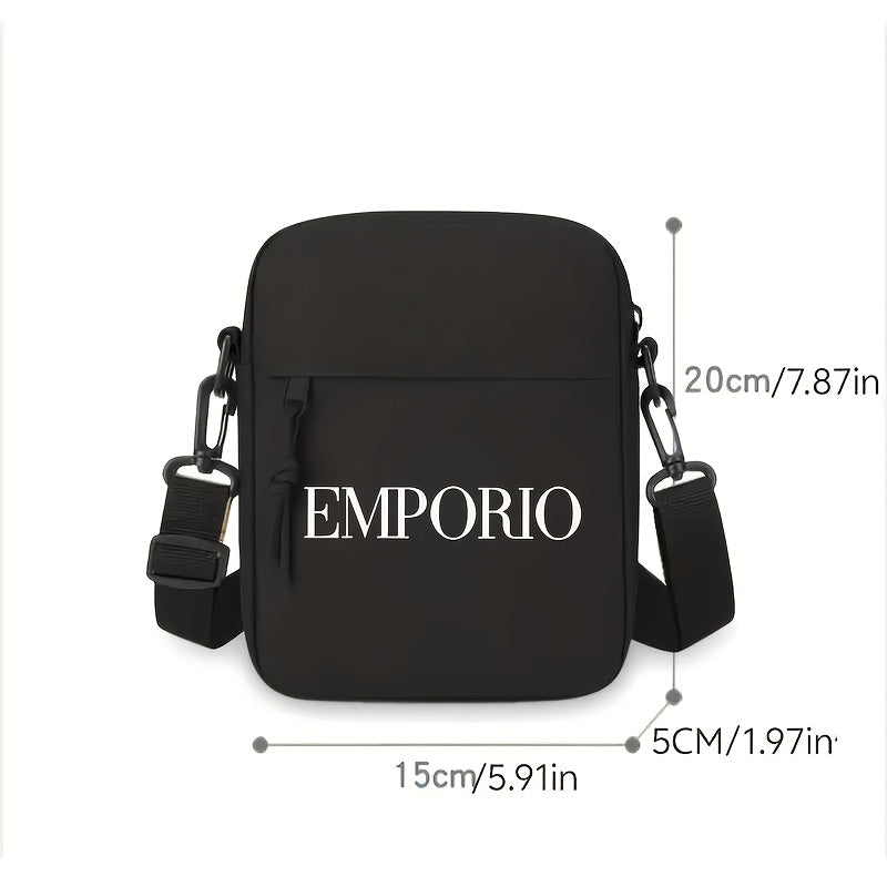 Men'S Crossbody Bag with "EMPORIO" Letter Print - Minimalist Oxford Fabric Tote, Adjustable Strap, Zipper Closure - Essential for Travel, Work, and Casual Outfits - Black, Stylish Design