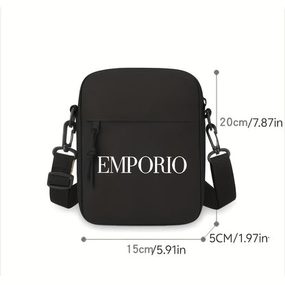 Men'S Crossbody Bag with "EMPORIO" Letter Print - Minimalist Oxford Fabric Tote, Adjustable Strap, Zipper Closure - Essential for Travel, Work, and Casual Outfits - Black, Stylish Design