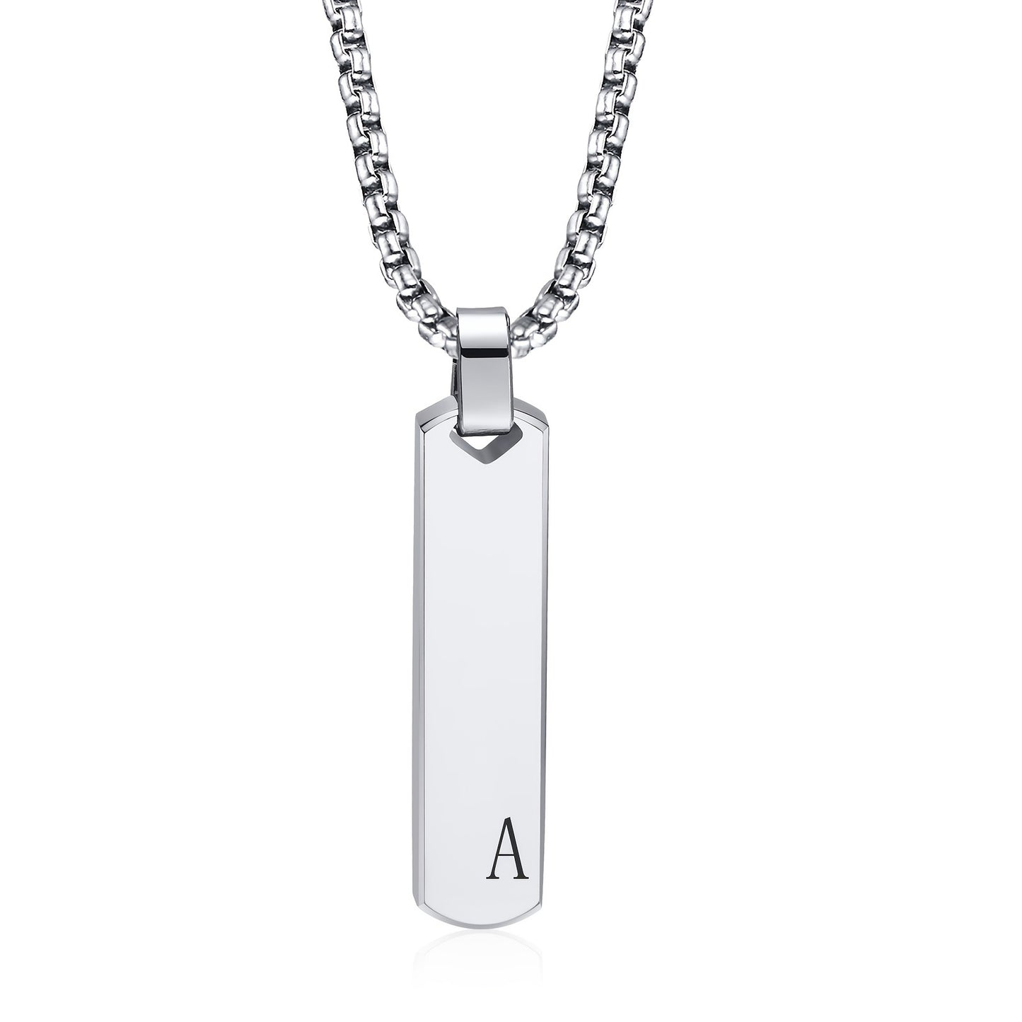 Letter Necklace Pendant Made of Stainless Steel, Featuring a Laser-Etched Design of 26 Letters, Polished for a Stylish 3D Rectangular Look, Suitable for Men.