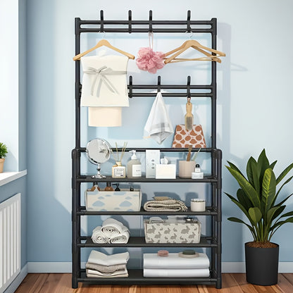 Clothes and Hat Rack, Freestanding Shoe Shelf with Sturdy Thick Metal Plastic Hooks – Space-Saving Modern Design for Shoes, Hats, and Clothes. Easy to Assemble for Living Room, Bedroom & Home Office, Hat Organizer, Home Org