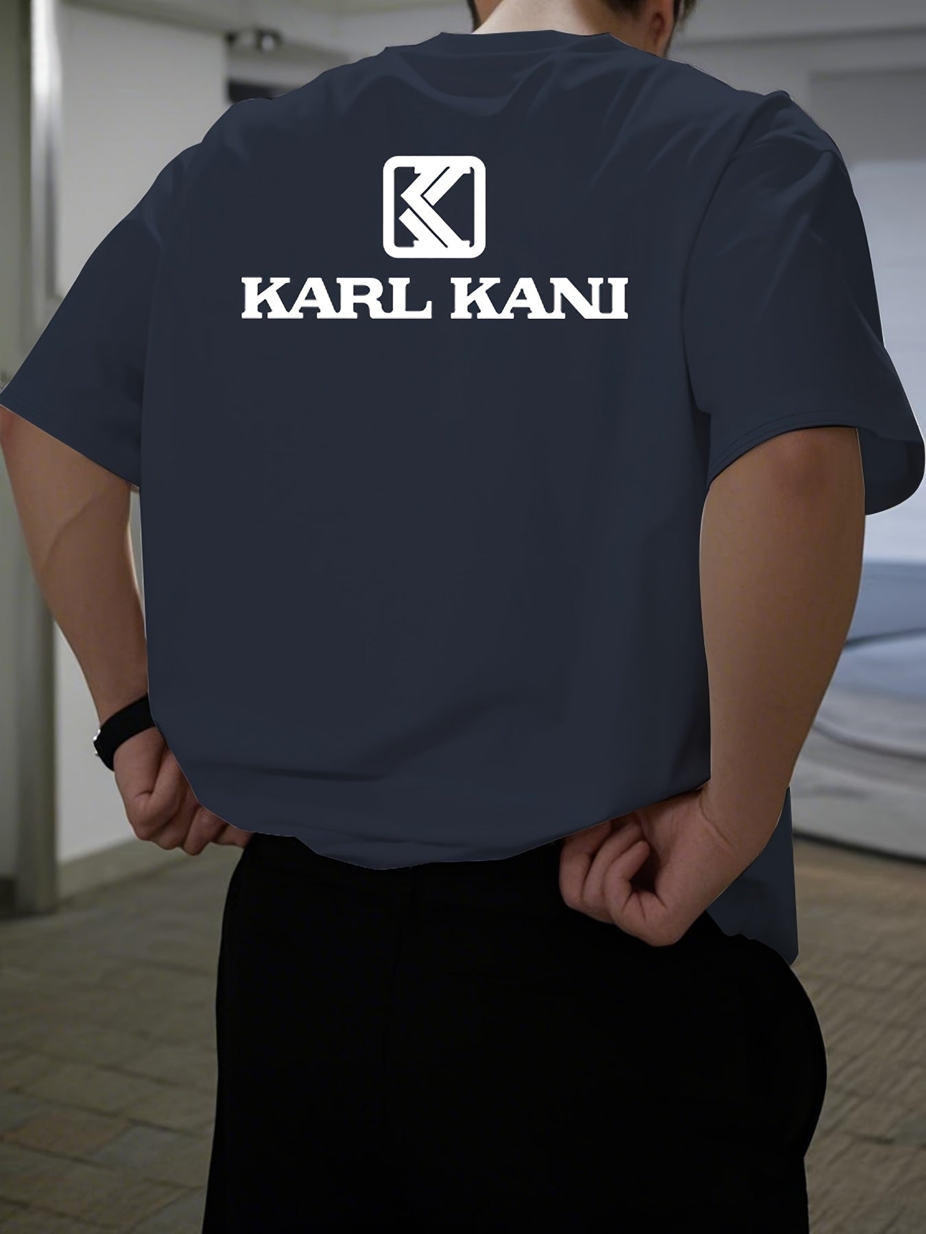 Men'S Casual Crew Neck T-Shirt with "KARL KANI" Graphic - Breathable, Moisture-Wicking, Short Sleeve, Regular Fit, Geometric Pattern, Ideal for Home & Outdoor Activities, All-Season Comfort, Outdoor Clothing | Relaxed Fit Shi