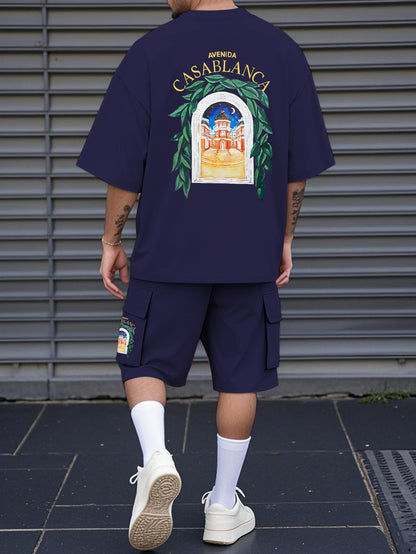 New Loose-Fitting Breathable Men'S Round Neck Short-Sleeved T-Shirt And Workwear Style Multi-Pocket Shorts Set Summer Leisure Sports Two-Piece Suit, Fashionable Sports Casual Versatile Tops And Pants for Men And Women