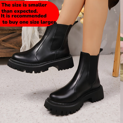 Women'S Slip-On Chelsea Boots - Thick Platform Mid-Calf, Round Toe & Cushioned Sole, Soft Rubber Sole, Elastic Lining, Solid Black Versatile Boots for Autumn/Winter Commuting & Casual Wear, Comfortable Footwear, Fashionforwar
