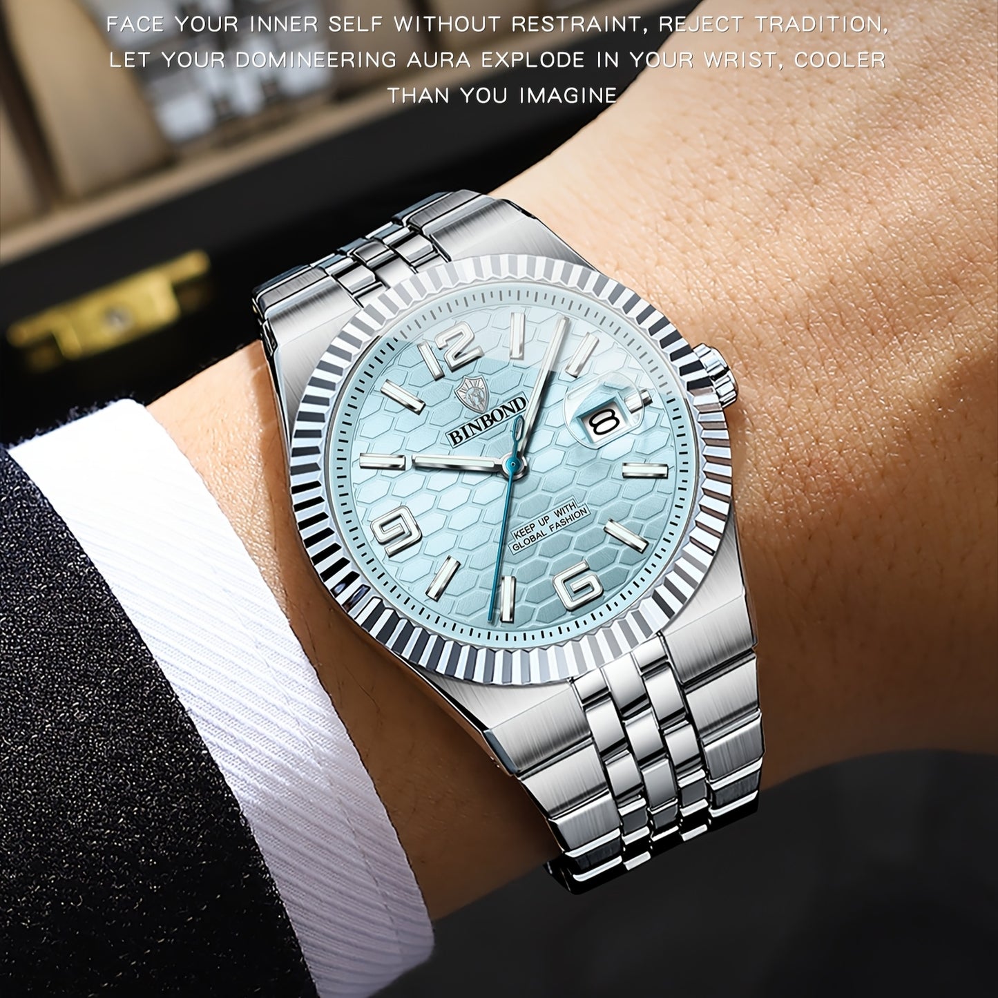 BINBOND Men's Sporty Elegant Quartz Watch with Date Display, Luminous Hands & Two-Tone Golden & Black Stainless Steel Band - High Quality Business Casual Watch for Everyday & Formal Wear, Versatile Wristwatch, Sophisticated D