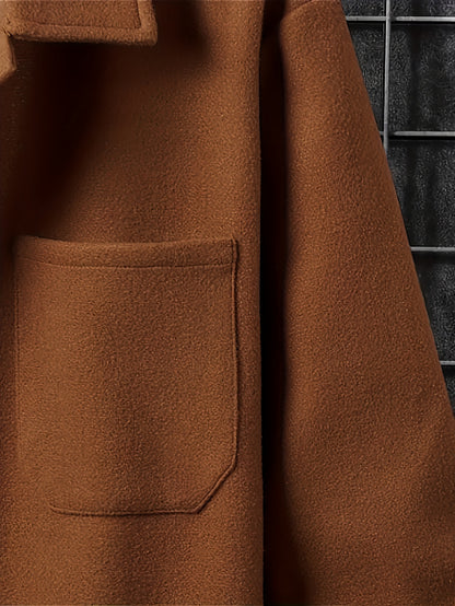Men's Casual Button-Up Jacket with Front Pocket and Turn-Down Collar, Solid Color, PLUS SIZE