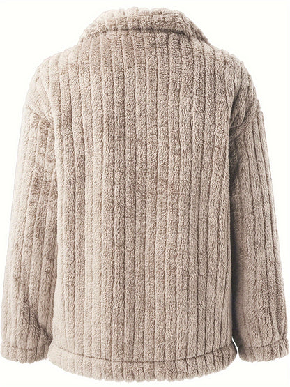 Women's Casual Teddy Jacket with Faux Pockets - Cozy Polyester, Machine Washable, Solid Color for Fall/Winter