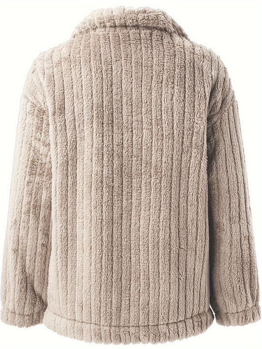 Women's Casual Teddy Jacket with Faux Pockets - Cozy Polyester, Machine Washable, Solid Color for Fall/Winter