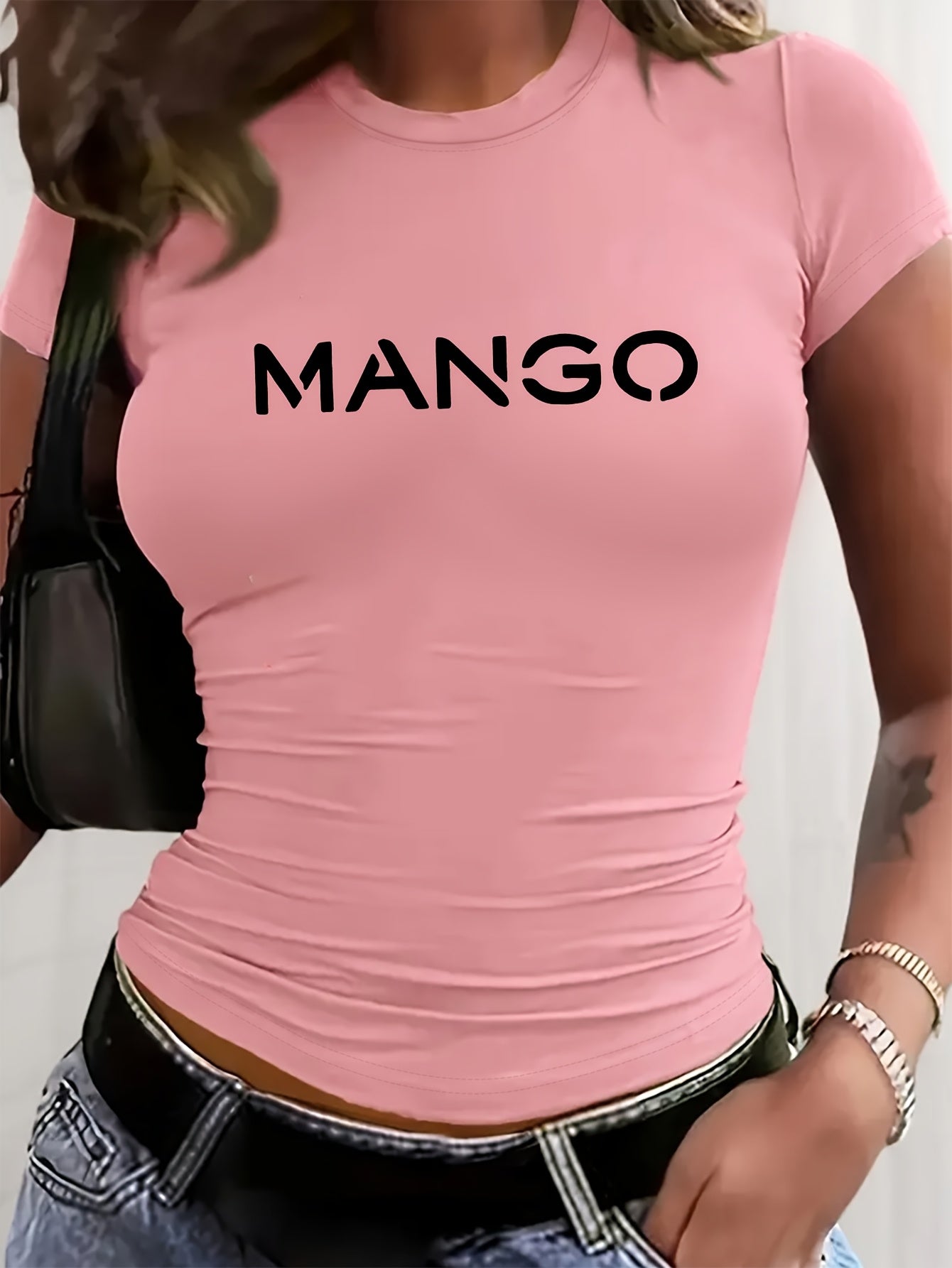 Women's Y2K Style Slim-Fit Cropped Short Sleeve T-Shirt - White with Bold Black 'MANGO' Graphic Print, Semi-Sheer Round Neck Top, Medium Stretch Machine Washable for Spring/Summer Casual Wear