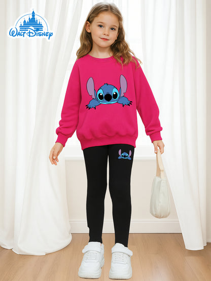2pcs Disney Girls' Lilo & Stitch Print Sweatshirt and Leggings Set - Soft Stretchy Crewneck Outfit with Cartoon Character Design, All-Season Machine Washable Casual Wear for Ages 5-12, Everyday 's Clothing, Playtime Clothes,