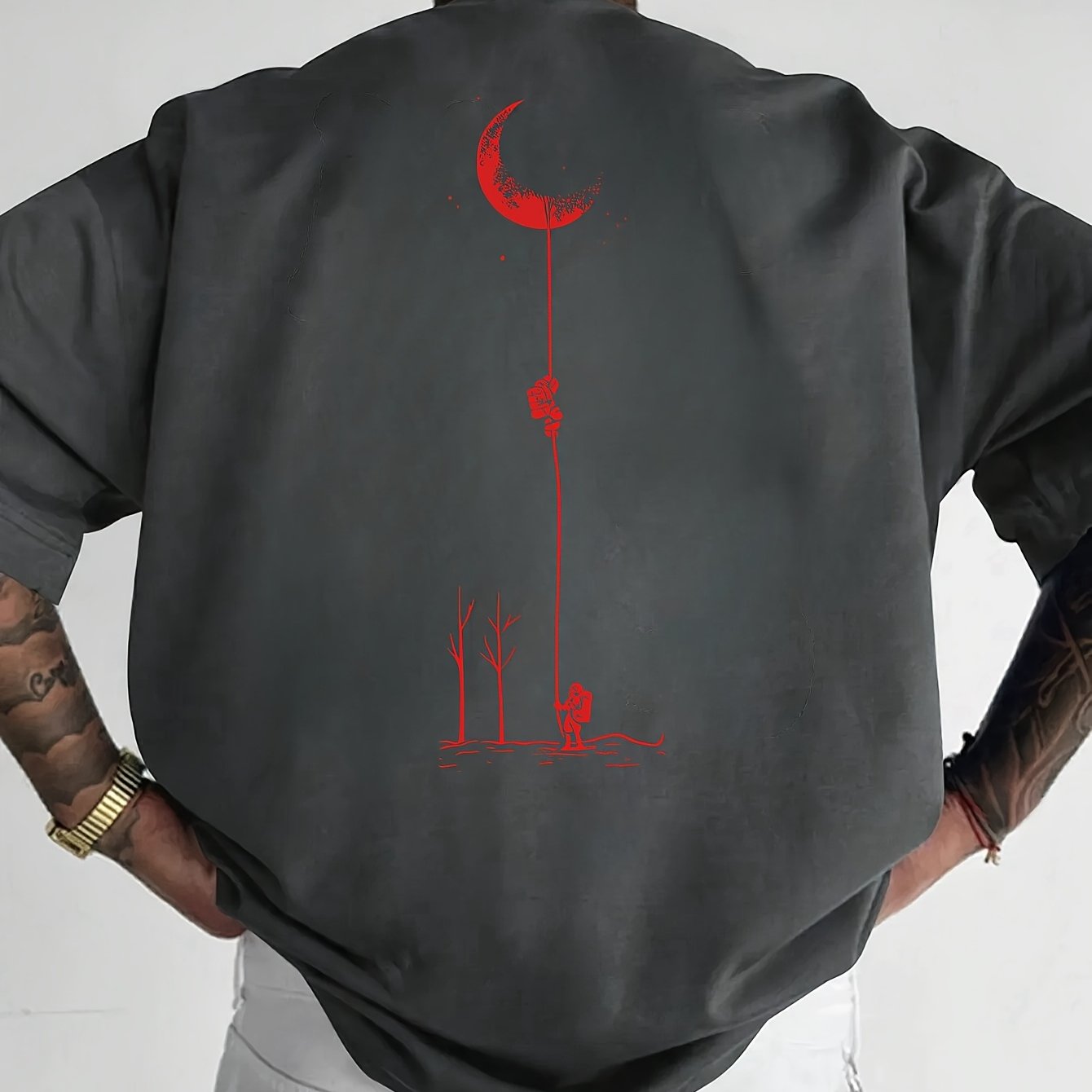 Men's Graphic Print Short Sleeve T-Shirt - Black Relaxed Fit Casual Round Neck, Durable Polyester Fabric, Machine Washable Summer Outdoor Top, Moon And Trees Design | Lightweight Clothing