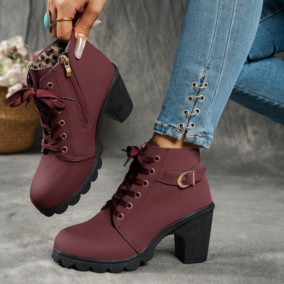 MagiMoBo Women'S Mid-Heel Ankle Boots with Side Zipper - Comfortable Faux Cover, Decorative Buckle Design, All-Season Versatile Casual Shoes for Casual Attire, Chunky Heel, Versatile Ankle Boots | Decorative Buckle Boots | Sy