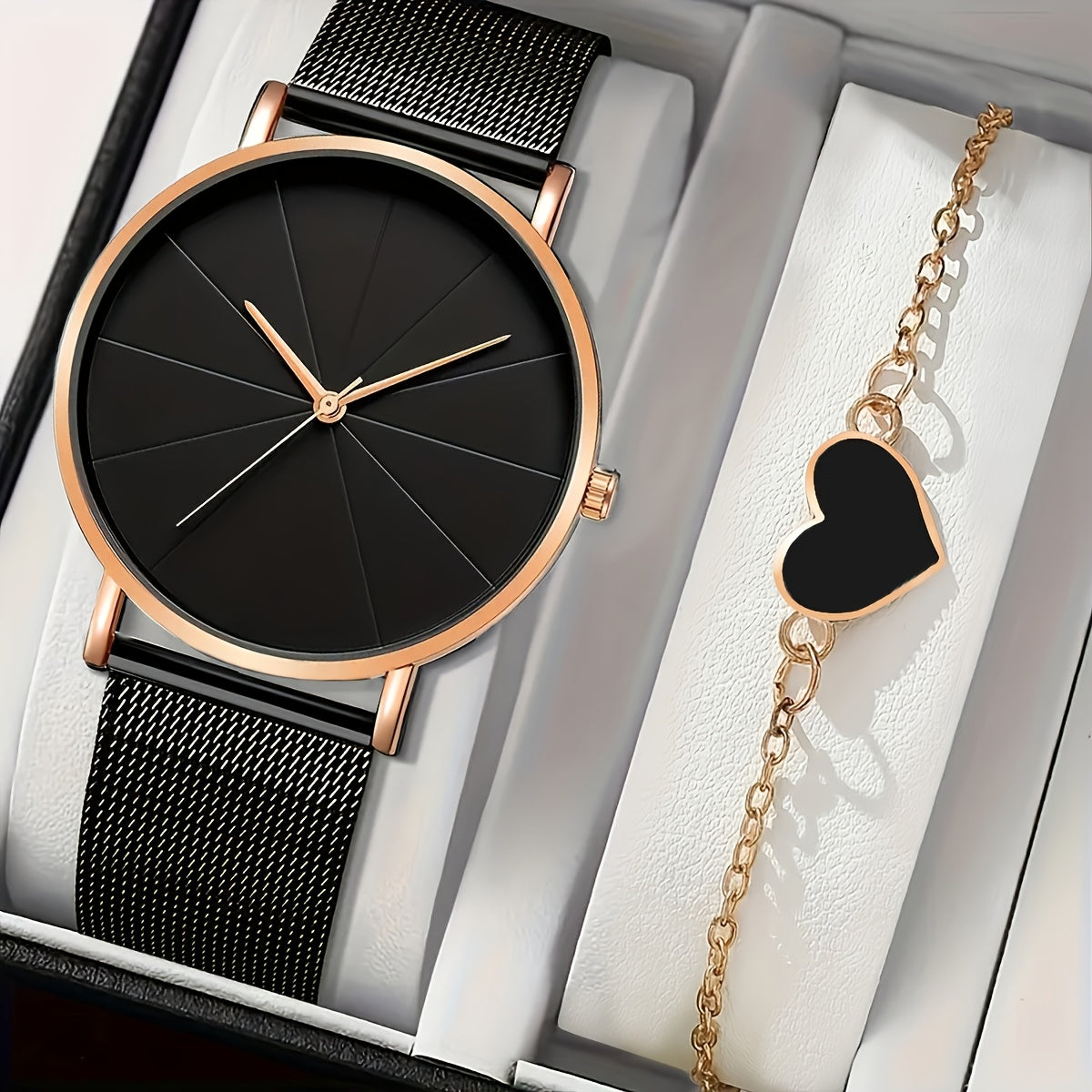 2pcs Women'S Elegant Black Round Quartz Watch with Golden-Tone Alloy Case & Heart Pendant Bracelet - Silicone Strap, Button Battery, Stylish Accessory for Casual Attire, Quartz Watch, Sophisticated Design, Durable Watch