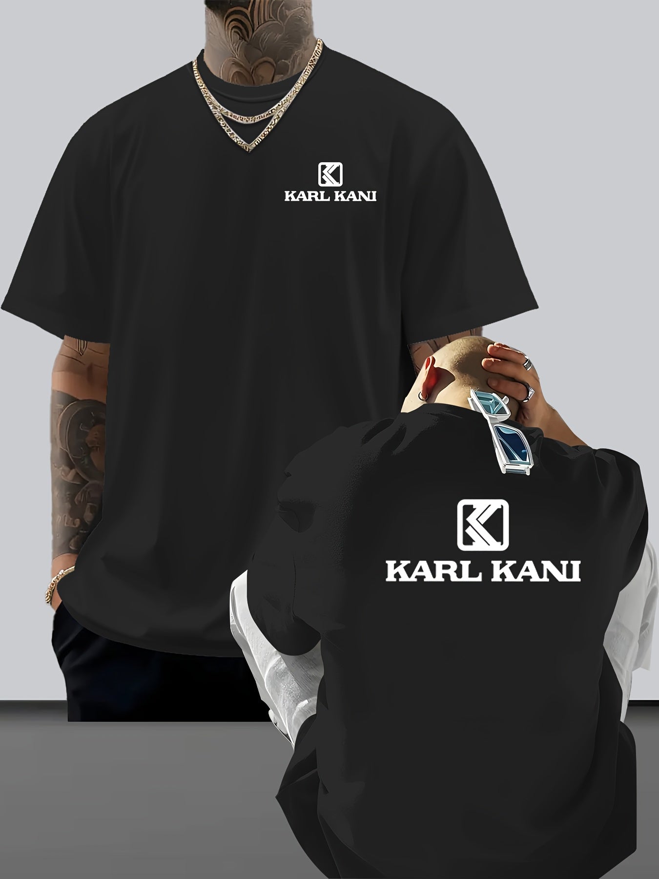 Men'S Casual Crew Neck T-Shirt with "KARL KANI" Graphic - Breathable, Moisture-Wicking, Short Sleeve, Regular Fit, Geometric Pattern, Ideal for Home & Outdoor Activities, All-Season Comfort, Outdoor Clothing | Relaxed Fit Shi
