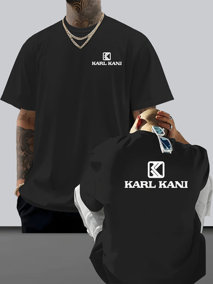 Men'S Casual Crew Neck T-Shirt with "KARL KANI" Graphic - Breathable, Moisture-Wicking, Short Sleeve, Regular Fit, Geometric Pattern, Ideal for Home & Outdoor Activities, All-Season Comfort, Outdoor Clothing | Relaxed Fit Shi
