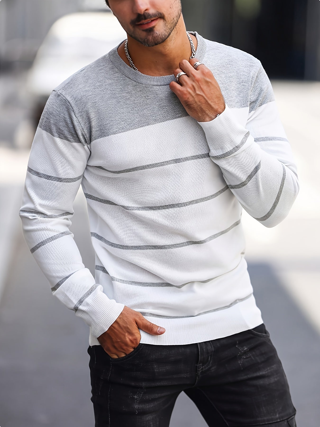 Men's Casual Striped Knit Pullover Sweater - Navy & White Contrast, Regular Fit H-Silhouette, Long Sleeve Crew Neck, Medium Stretch, Machine Washable for Spring & Fall, Mediumstretch Fabric