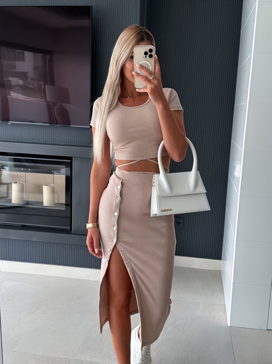 Women'S Casual Two-Piece Set - Black Crop Top with Button Detail & High-Waisted Skirt, Short Sleeve, Round Neck, Button-Up Front, Mid-Length, Lightweight Polyester Blend for Spring/Summer, Casual Attire|Modern Casualwear|Poly