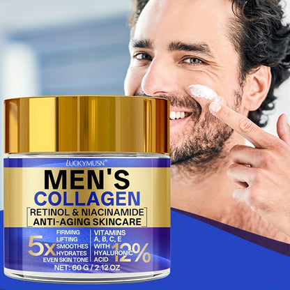 60g LUCKY MUSN Men's Retinol Collagen Moisturizing Cream with Hyaluronic Acid, Caffeine, Vitamin C & E - Firming & Lifting Skincare, 5X Smoothing, 5.5X Firming, 12% Brightening, Easy-Absorb Non-Greasy Formula for All Light Be