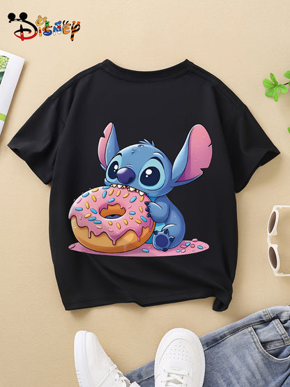 Cute Stitch Print Kids Short Sleeve Shirt 1-12Y Boys Girls Summer Outdoor Soft Fabric Breathable Top Perfect Birthday & Holiday Present